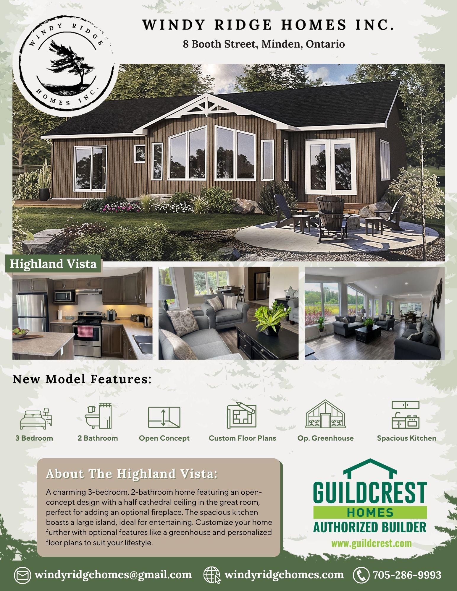 Promotional flyer for Windy Ridge Homes Inc., located at 8 Booth Street, Minden, Ontario, showcasing the Highland Vista model. Highlights include a 3-bedroom, 2-bathroom home with open-concept design, custom floor plans, spacious kitchen, optional greenhouse, and outdoor patio area. Features Guildcrest Homes as an authorized builder. Contact information includes email windyridehomes@gmail.com, website windyridgehomes.com, and phone number 705-286-9993