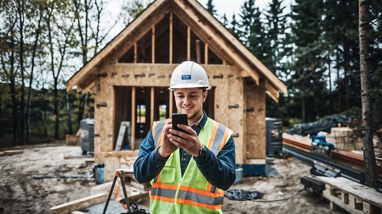 Young construction worker, aged 18-20, using social media on-site in Northern Ontario. The worker, wearing a construction helmet and safety gear, stands in front of a partially built cottage. The image highlights the use of social media marketing services to attract young talent to the trades business. The rustic, wooded background emphasizes the integration of modern technology with the construction industry during a labour shortage.