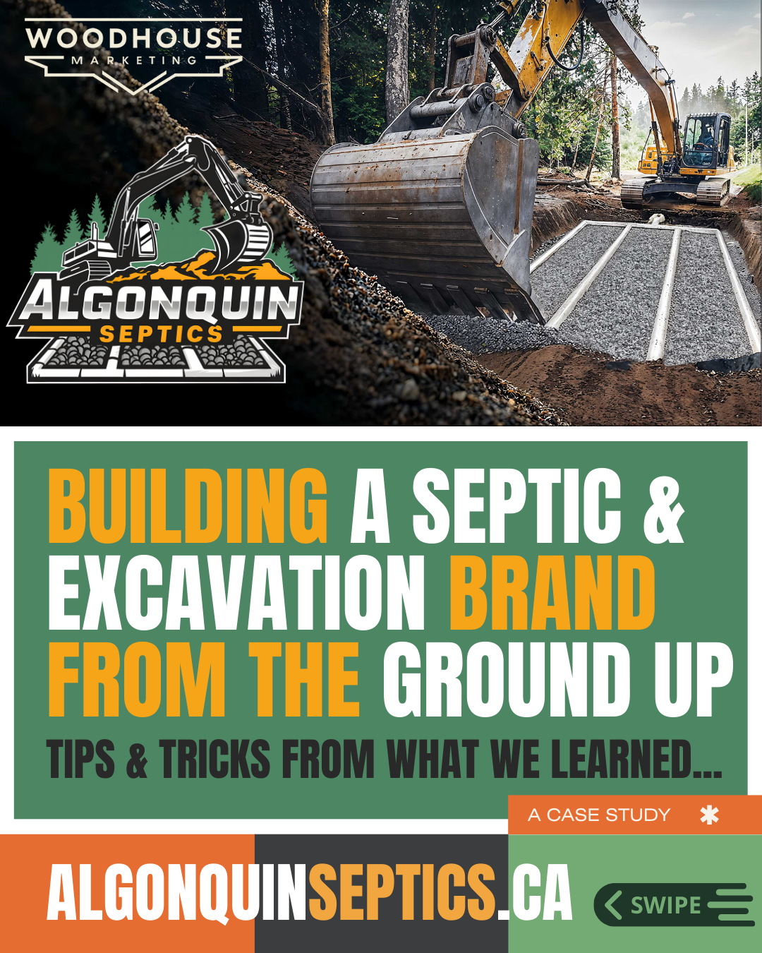 alt="Professional excavation contractor website design showing Algonquin Septics logo and septic installation equipment in action"