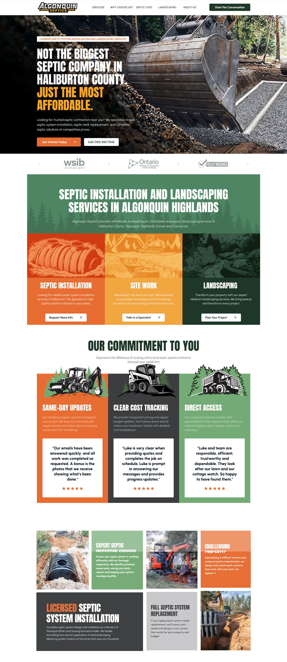 Algonquin Septics website layout showcasing excavation services, septic installation, landscaping, and customer testimonials